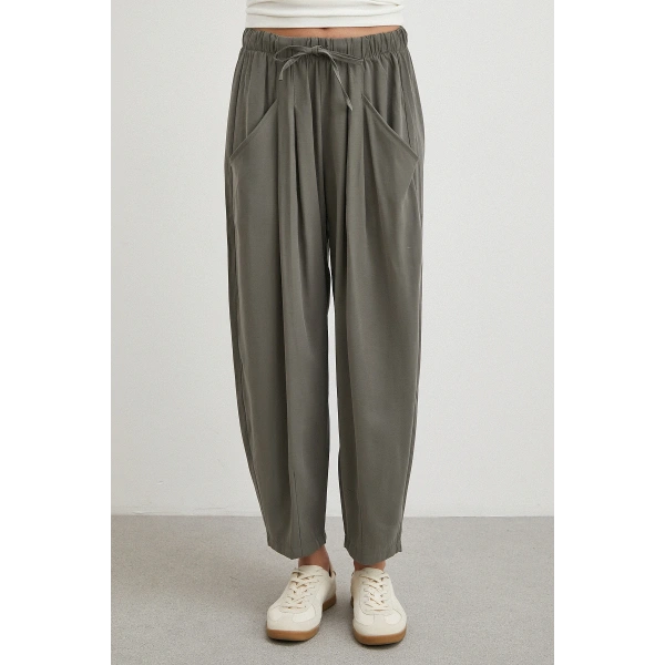 Bağcıklı Beli Lastikli Pileli Pantolon Haki