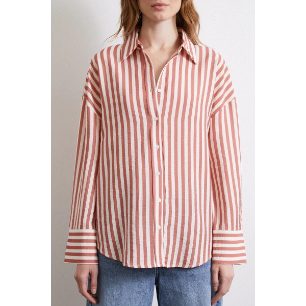 Çizgili T Kol Gömlek Kiremit