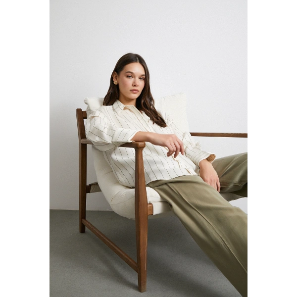 Kontrast Çizgili Modal Gömlek Haki