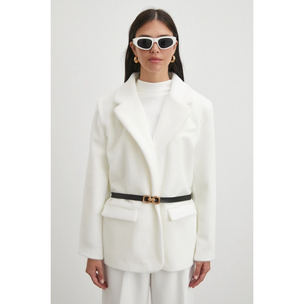 Kemerli Tay Flock Ceket Beyaz