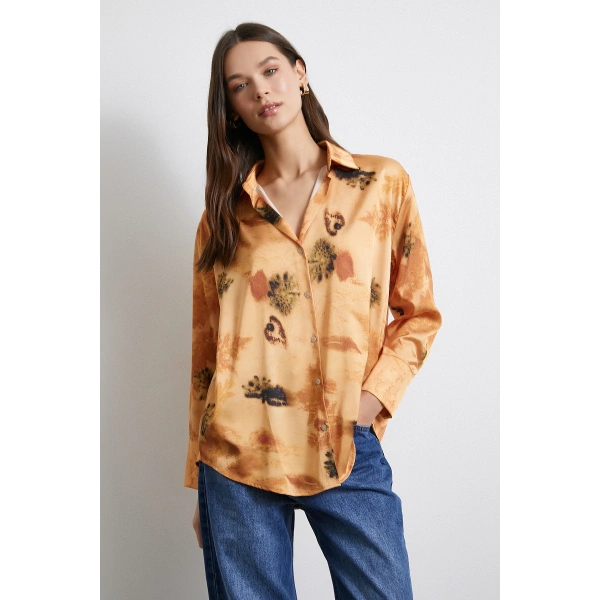 V Yaka Desenli Gömlek Somon