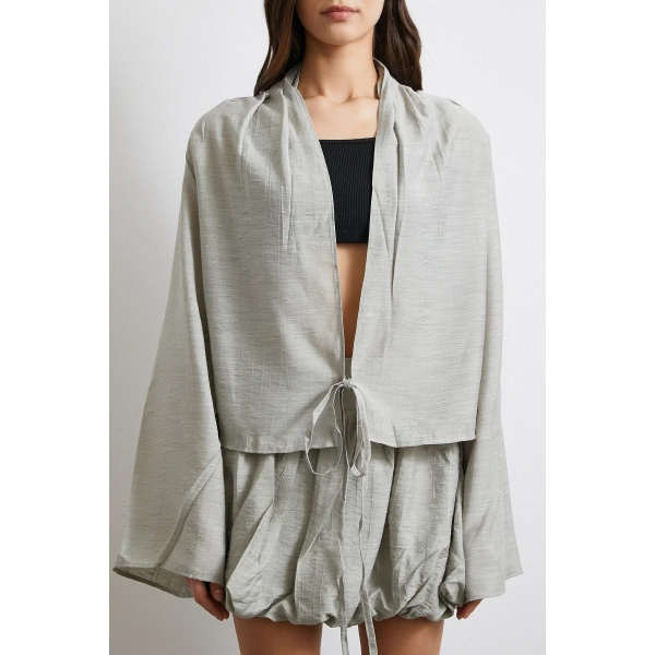 Geniş Kol Önden Bağlamalı Bluz Taş