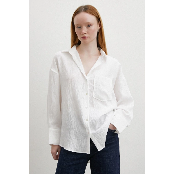 Kraşlı Cepli Gömlek Beyaz