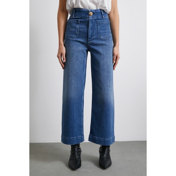 Cep Ve Düğme Detaylı Wide Leg Jean Mavi