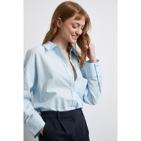 Keten Karışımlı Oversize Gömlek Mavi