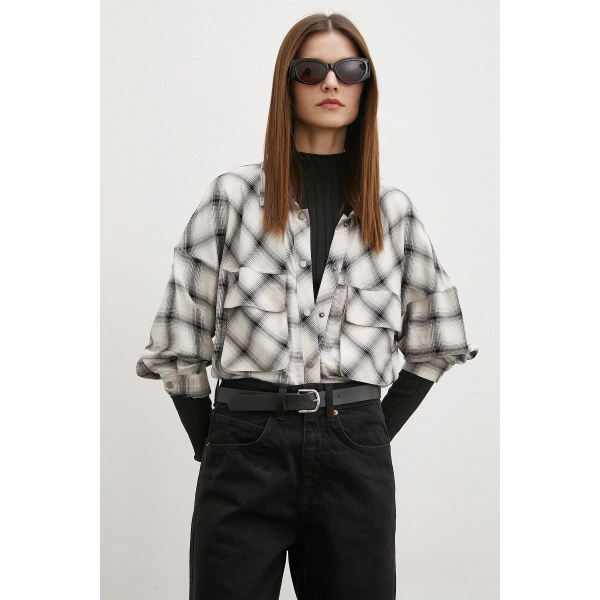 Körüklü Cepli Ekose Gömlek Krem