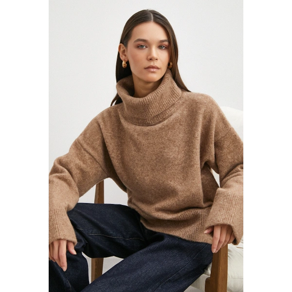 Balıkçı Yaka Uzun Kollu Kazak Vizon