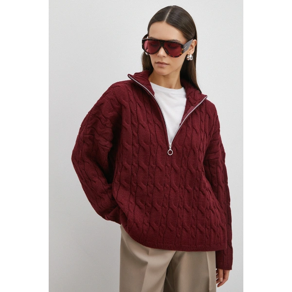 Saç Örgülü Yarım Fermuarlı Kazak Bordo