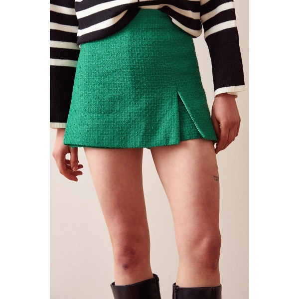 Yırtmaçlı Tweed Şort Etek Yeşil