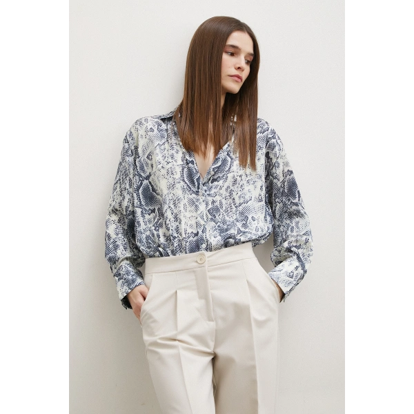 Yılan Desen Saten Gömlek Gri