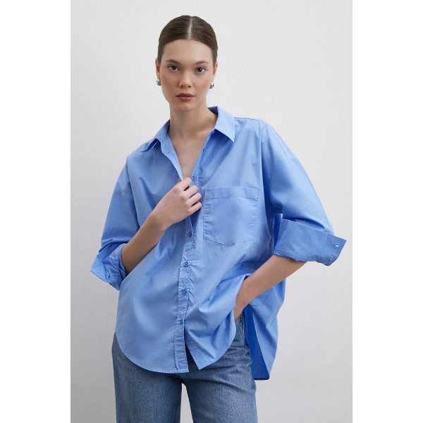 Oversize Pamuklu Gömlek Mavi
