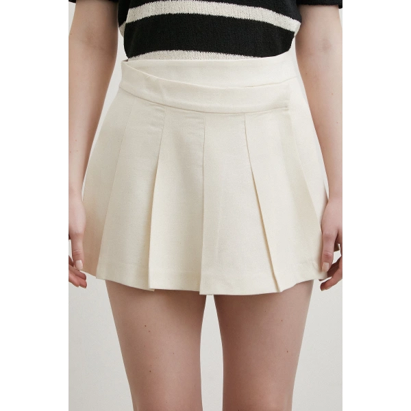 Pileli Şort Etek Ekru