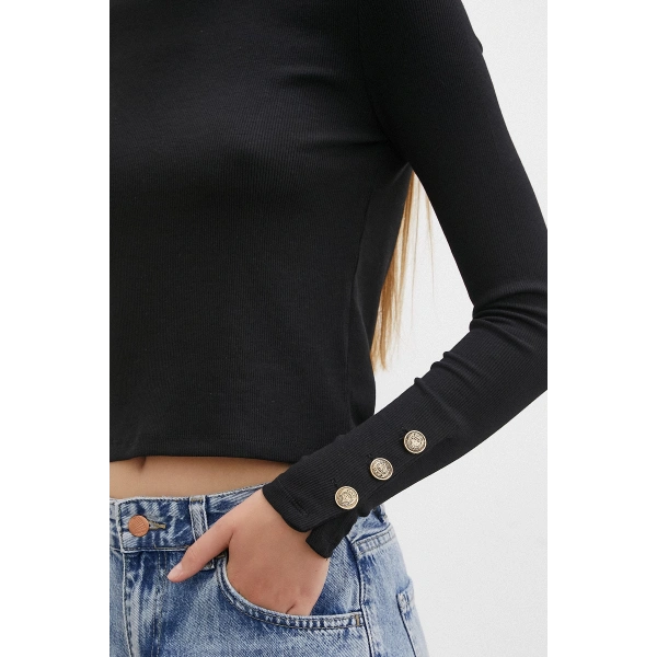 Kollu Düğmeli Bluz Siyah