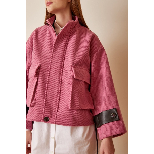 Cep Detaylı Bağcıklı Crop Ceket Pembe