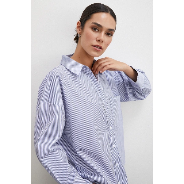 Çizgili Pamuklu Gömlek Lacivert
