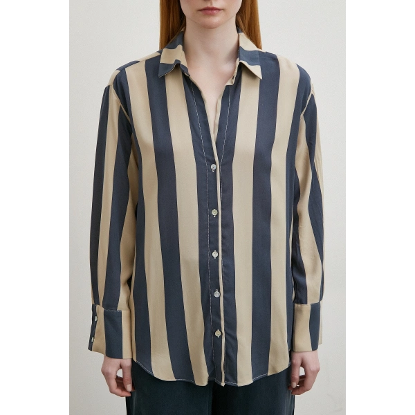 Çizgili Viskon Gömlek Kahve