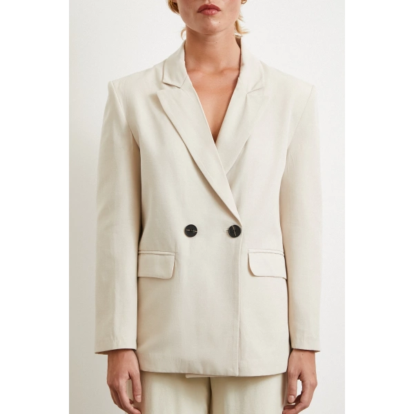 Çift Düğmeli Keten Blazer Ceket Krem