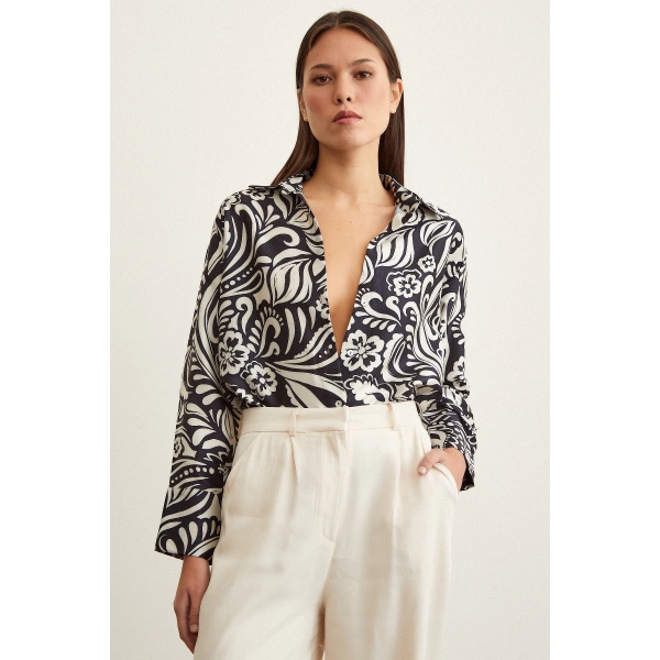 Renkli Baskılı Poplin Gömlek Mavi