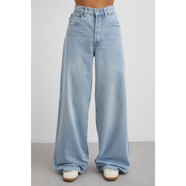 Yüksek Bel Geniş Paça Pantolon Buz Mavisi