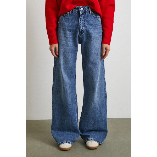Yüksek Bel Wide Leg Jean Mavi