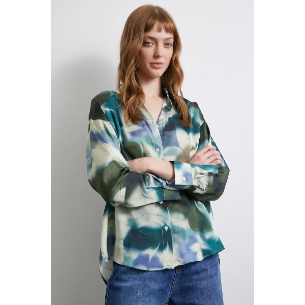 Batik Desen Saten Gömlek Petrol