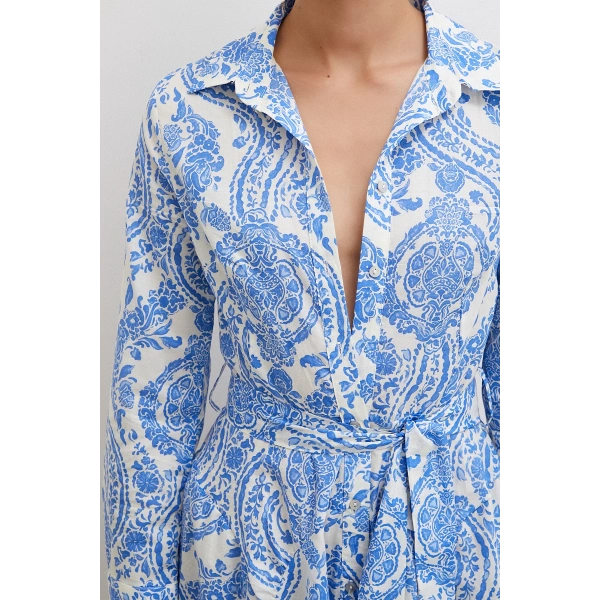 Godeli Desenli Elbise Mavi