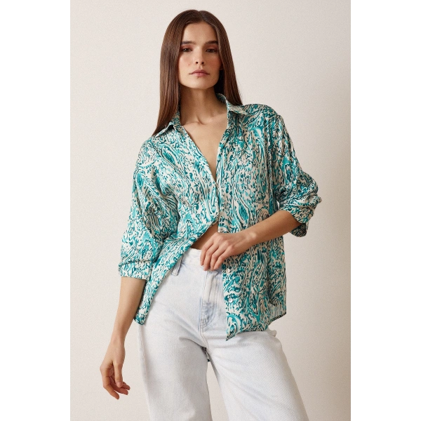 V Yaka Desenli Saten Gömlek Yeşil
