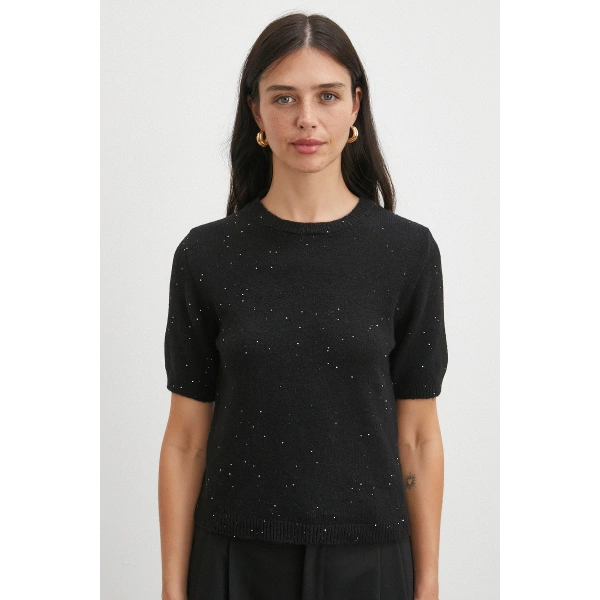 Simli Kısa Kol Kazak Siyah