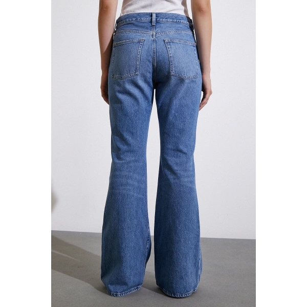 Yüksek Bel Geniş İspanyol Paça Jean Mavi