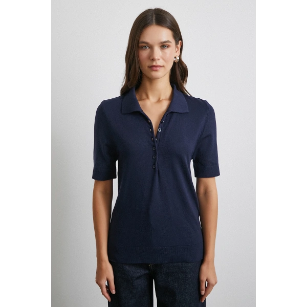 Polo Yaka Düğmeli Kısa Kol Lacivert