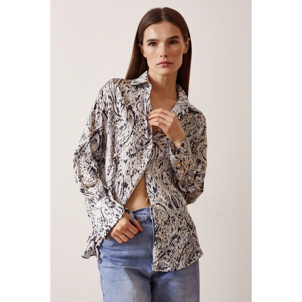 V Yaka Desenli Saten Gömlek Siyah