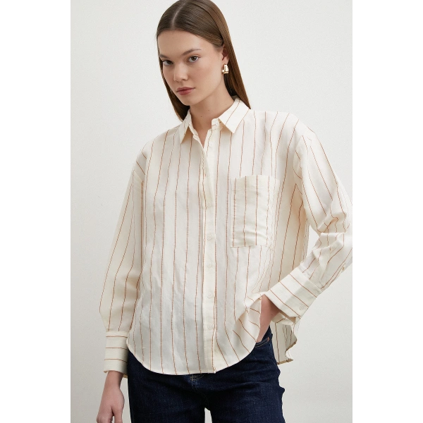 Kontrast Çizgili Modal Gömlek Kahve