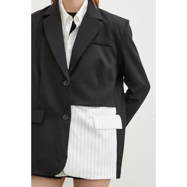 Çizgi Detaylı Çift Düğmeli Blazer Ceket Beyaz