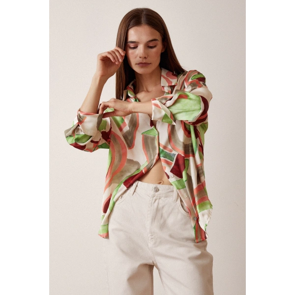 V Yaka Desenli Saten Gömlek Mint