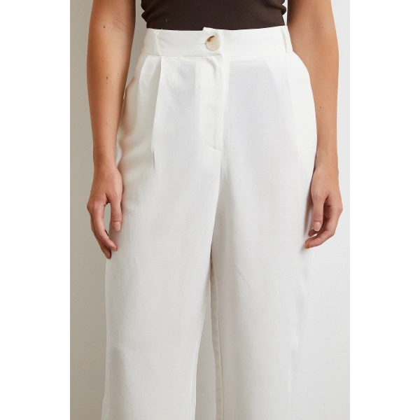 Çift Pileli Keten Pantolon Krem