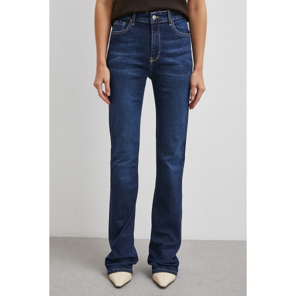 Yüksek Bel Likralı İspanyol Paça Jean Lacivert