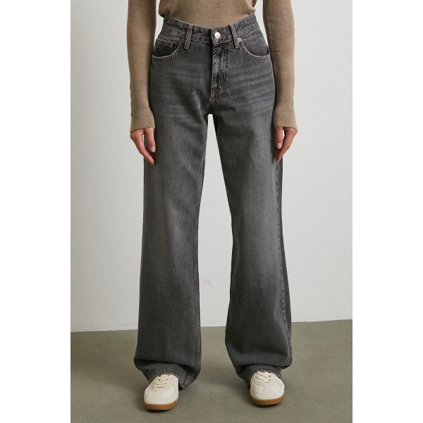 Beş Cepli Yüksek Bel Jean Gri