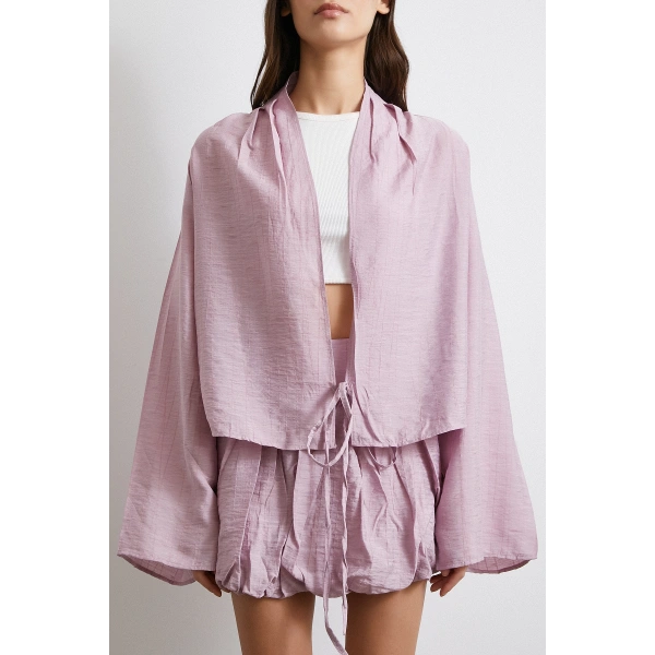 Geniş Kol Önden Bağlamalı Bluz Lila