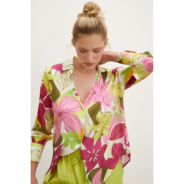 Çiçek Desen Saten Gömlek Pembe