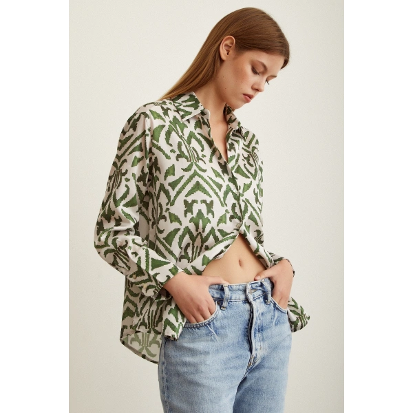 V Yaka Desenli Saten Gömlek Haki