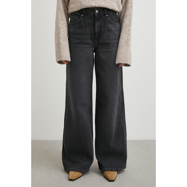 Yüksek Bel Geniş Paça Jean Siyah