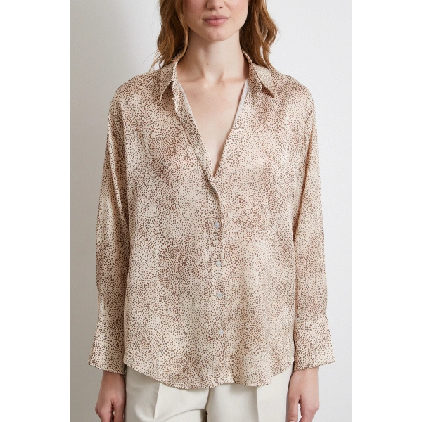 V Yaka Desenli Saten Gömlek Kahve