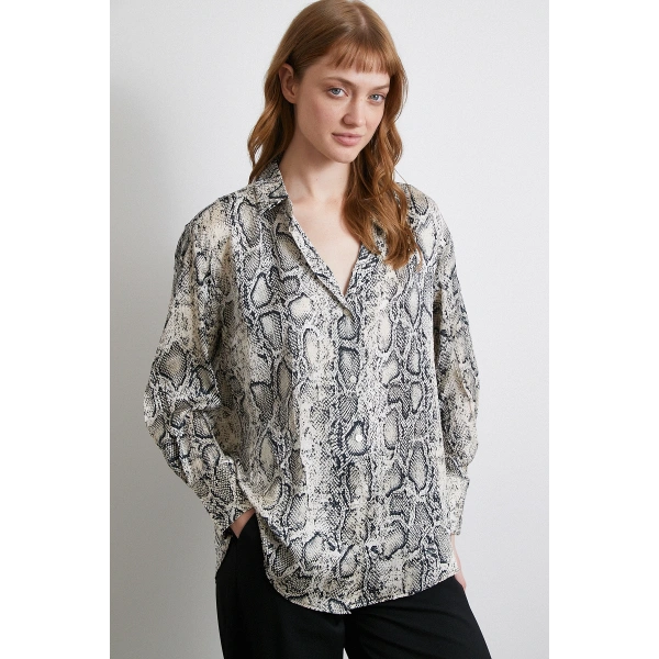 Kraşlı Yılan Desen Gömlek Gri