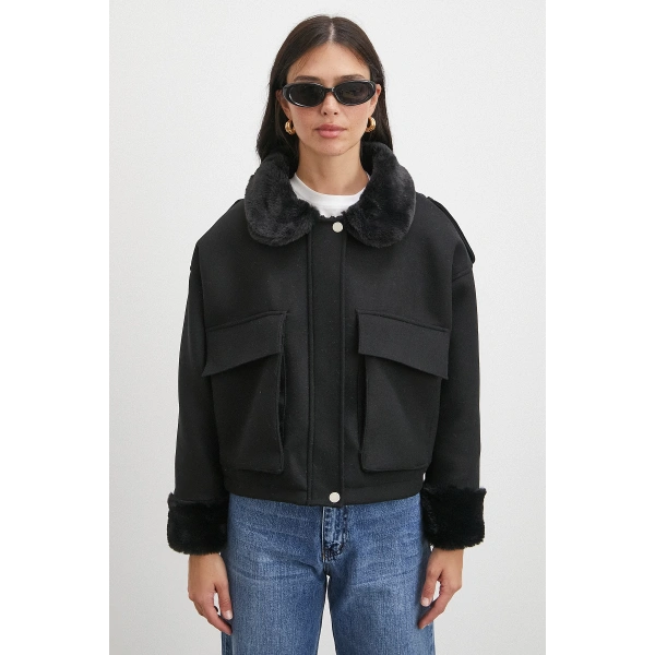 Apoletli Yünlü Körük Cepli Kaşe Mont Siyah