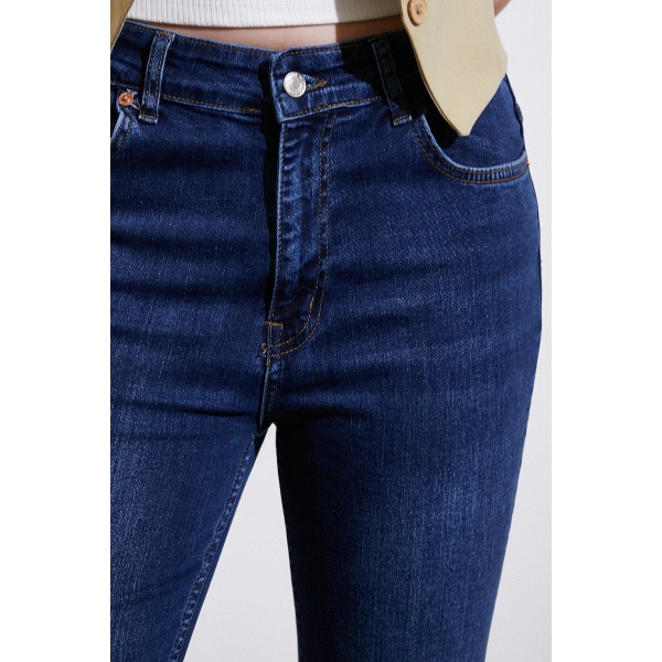 Yüksek Bel İspanyol Paça Jean Koyu Lacivert