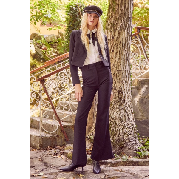 Kemerli İspanyol Paça Pantolon Siyah