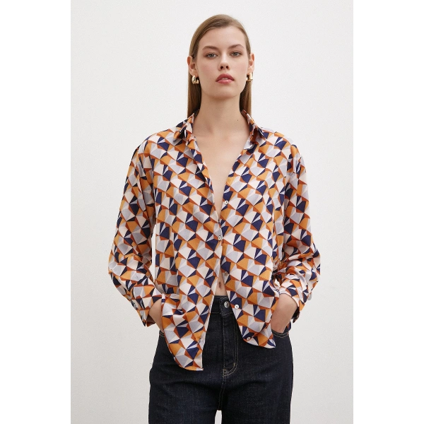 Desenli Saten Gömlek Pudra