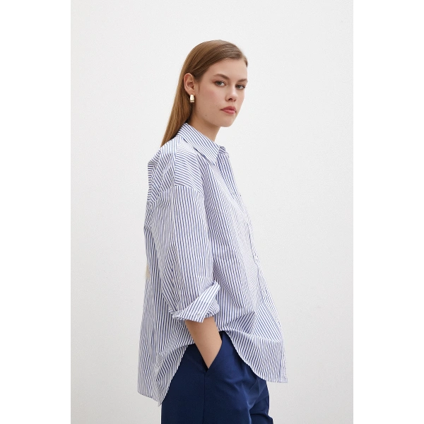 İnce Çizgili Poplin Gömlek Mavi