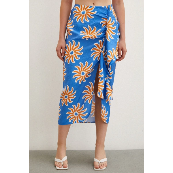 Fırfırlı Desenli Etek Mavi