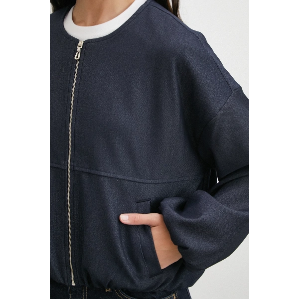 Beli Lastikli Fermuarlı Denim Görünümlü Bomber Ceket Lacivert